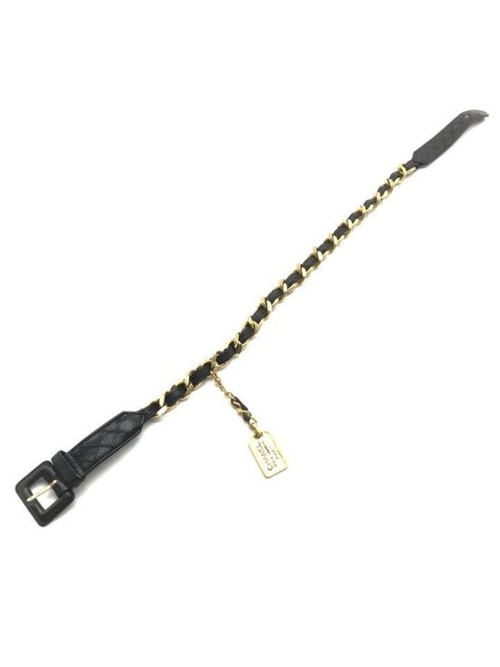 Chanel Logo Plate Gold Vintage Leather Chain Belt Black main image 6